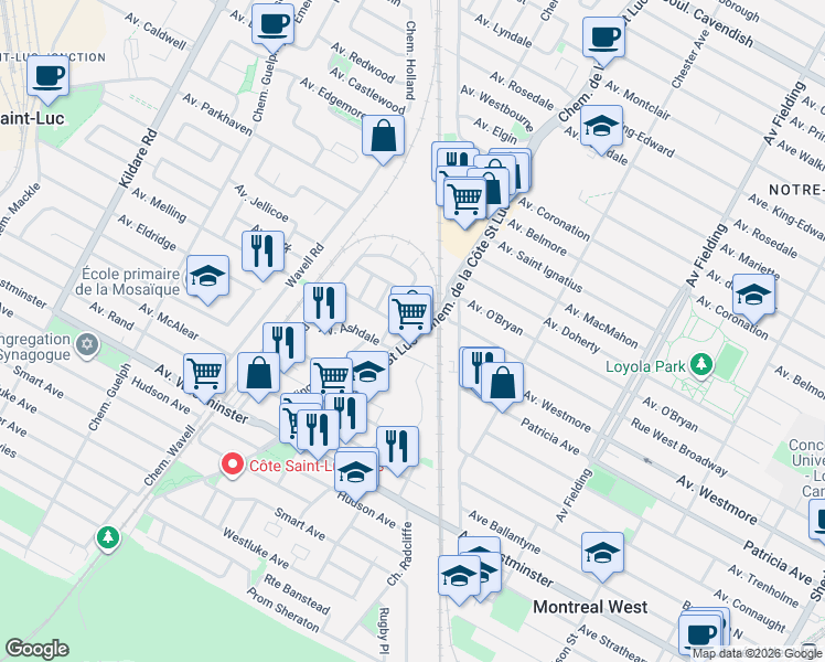 map of restaurants, bars, coffee shops, grocery stores, and more near 5501 Avenue Adalbert in Côte Saint-Luc