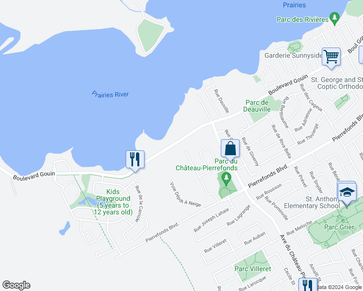 map of restaurants, bars, coffee shops, grocery stores, and more near 18502 Boulevard Gouin Ouest in Montréal