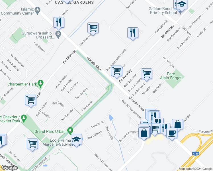 map of restaurants, bars, coffee shops, grocery stores, and more near 6818 Rue Claudel in Brossard