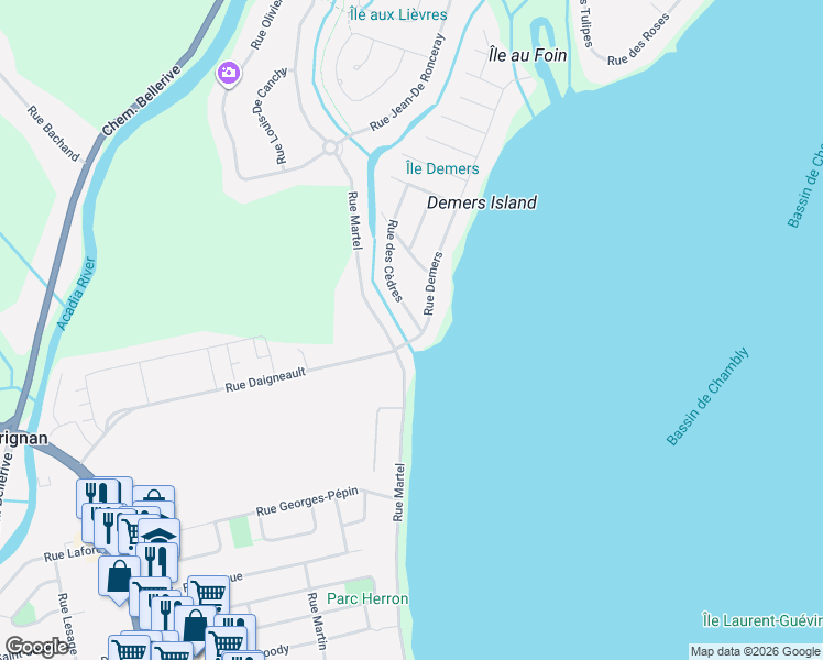 map of restaurants, bars, coffee shops, grocery stores, and more near 812 Rue des Cèdres in Chambly