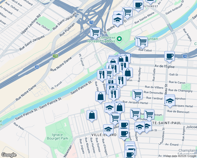 map of restaurants, bars, coffee shops, grocery stores, and more near 5700 Rue Saint-Patrick in Montréal