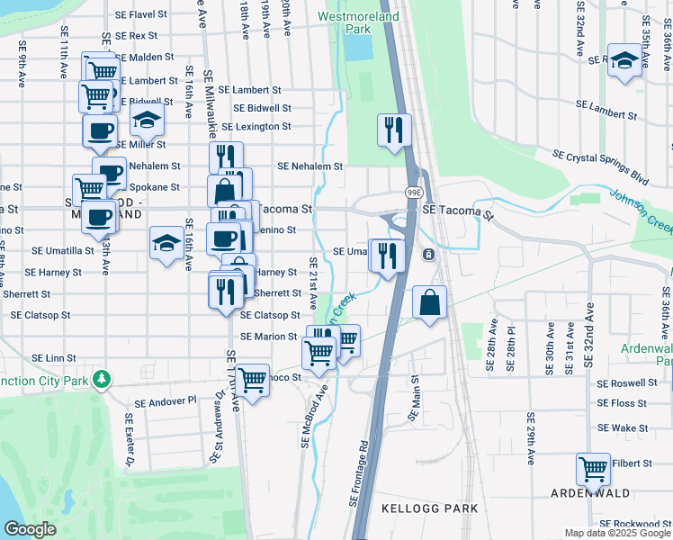 map of restaurants, bars, coffee shops, grocery stores, and more near 8333 Southeast 23rd Avenue in Portland