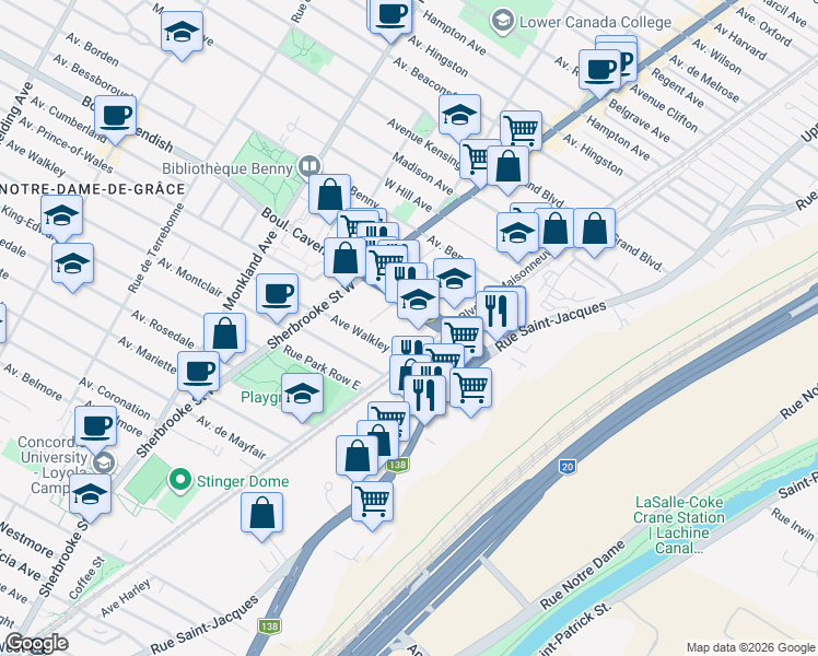 map of restaurants, bars, coffee shops, grocery stores, and more near 4998 Boulevard De Maisonneuve Ouest in Westmount