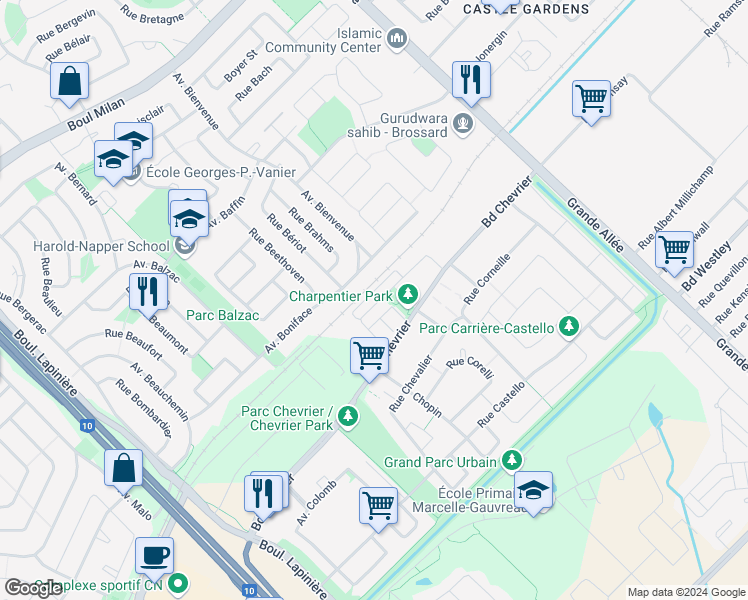 map of restaurants, bars, coffee shops, grocery stores, and more near 6020 Rue Charpentier in Brossard