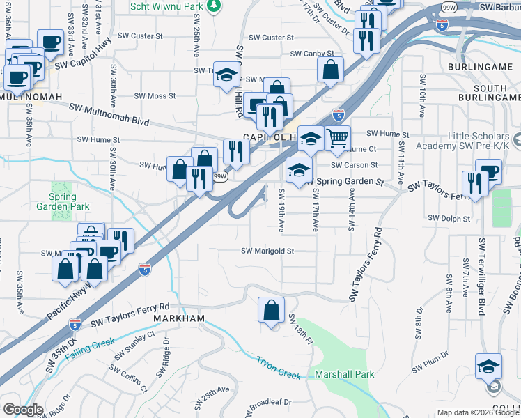 map of restaurants, bars, coffee shops, grocery stores, and more near 8626 Southwest 20th Avenue in Portland