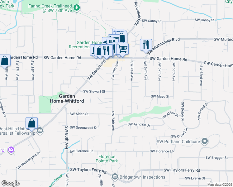map of restaurants, bars, coffee shops, grocery stores, and more near 8064 Southwest 74th Avenue in Portland