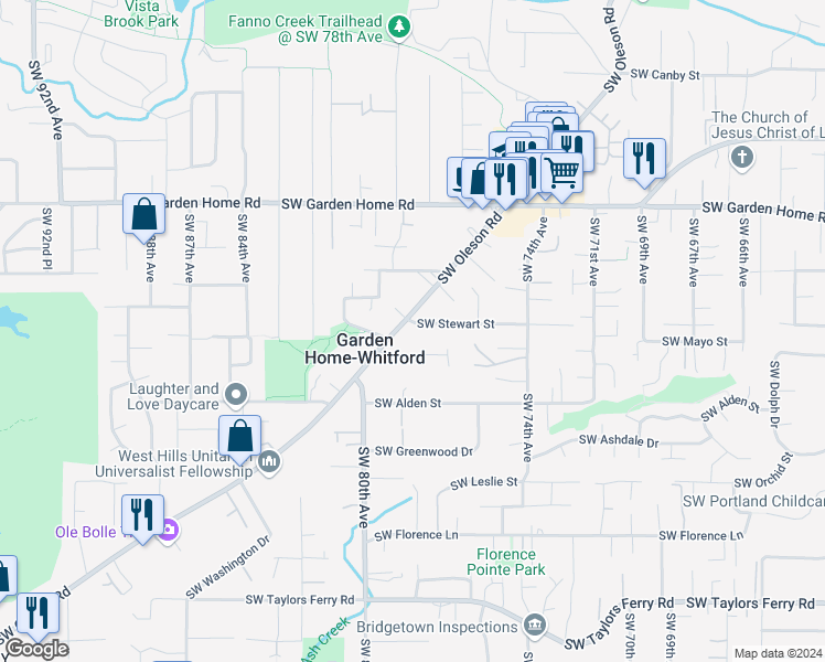 map of restaurants, bars, coffee shops, grocery stores, and more near 7793 Southwest Mayo Street in Portland