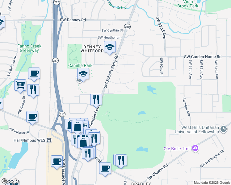 map of restaurants, bars, coffee shops, grocery stores, and more near 7968 Southwest Scholls Ferry Road in Beaverton