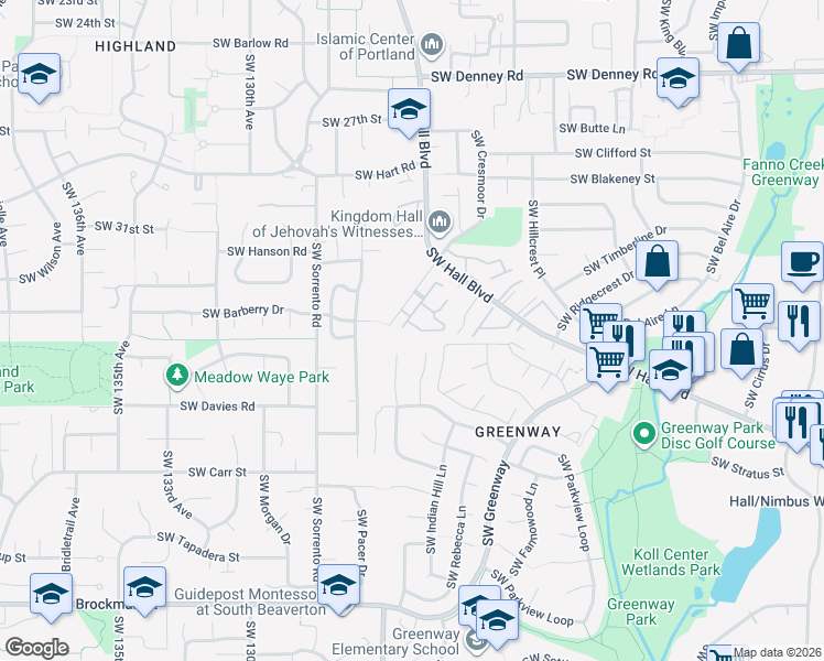 map of restaurants, bars, coffee shops, grocery stores, and more near 8055 Southwest Berryhill Court in Beaverton