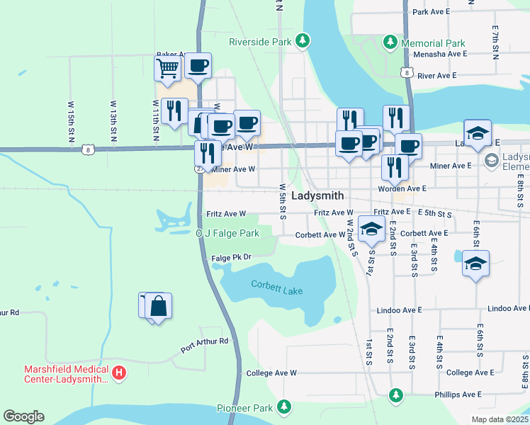 map of restaurants, bars, coffee shops, grocery stores, and more near 514 Fritz Avenue West in Ladysmith