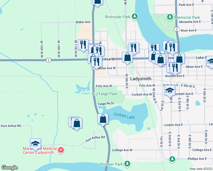 map of restaurants, bars, coffee shops, grocery stores, and more near 622 Fritz Avenue West in Ladysmith