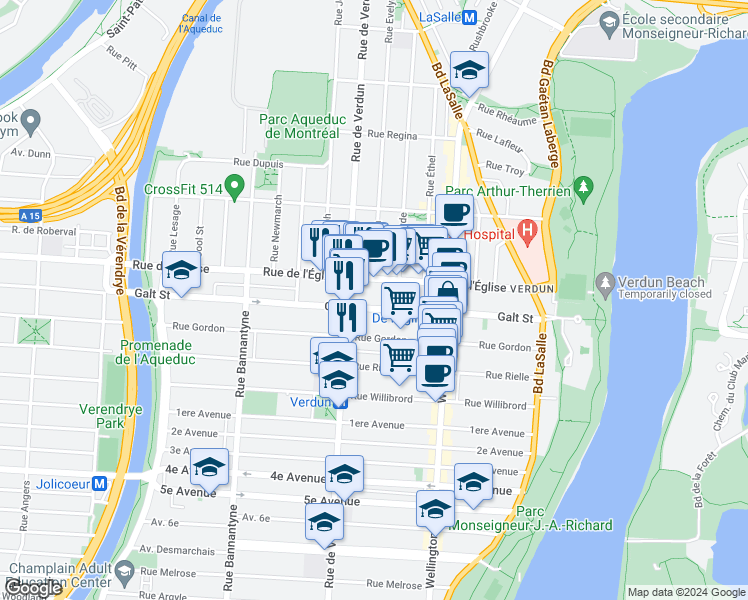 map of restaurants, bars, coffee shops, grocery stores, and more near 437 Galt Street in Montrã©Al