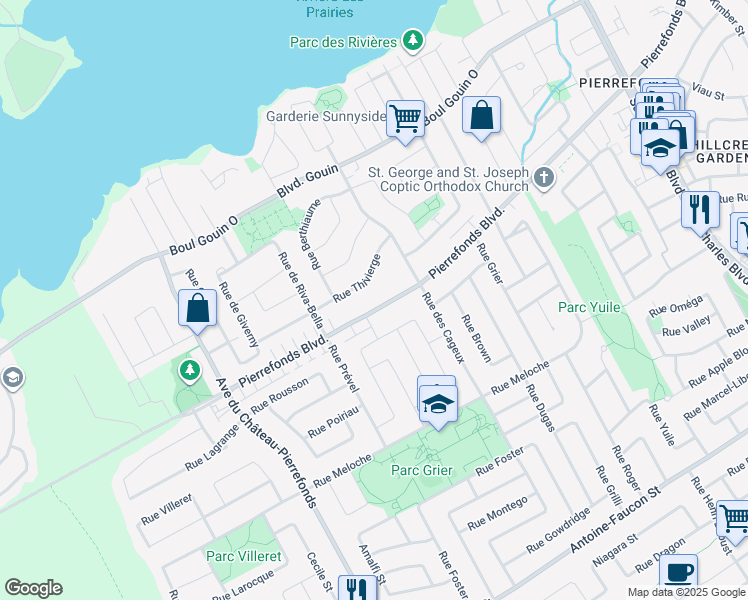 map of restaurants, bars, coffee shops, grocery stores, and more near 17765 Boulevard de Pierrefonds in Montréal