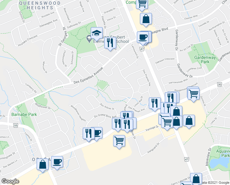 map of restaurants, bars, coffee shops, grocery stores, and more near 1815 Summerlands Crescent in Ottawa