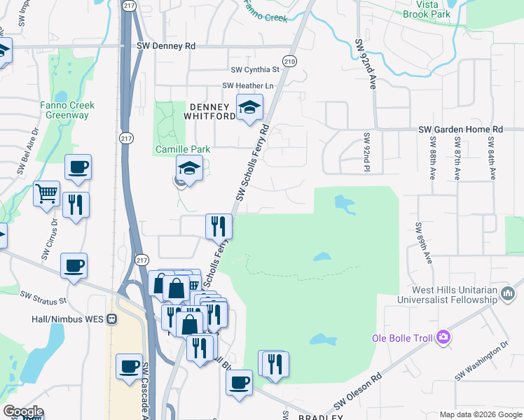 map of restaurants, bars, coffee shops, grocery stores, and more near 7968 Southwest Scholls Ferry Road in Beaverton