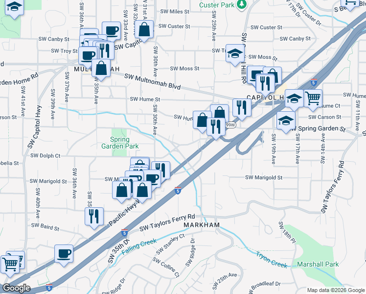 map of restaurants, bars, coffee shops, grocery stores, and more near 2738 Southwest Spring Garden Street in Portland