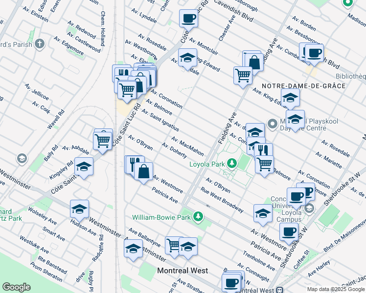 map of restaurants, bars, coffee shops, grocery stores, and more near in Montreal