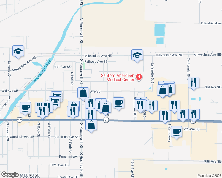 map of restaurants, bars, coffee shops, grocery stores, and more near 2701 3rd Avenue Southeast in Aberdeen