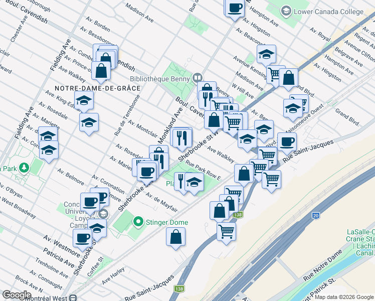 map of restaurants, bars, coffee shops, grocery stores, and more near 6695 Rue Sherbrooke Ouest in Montréal