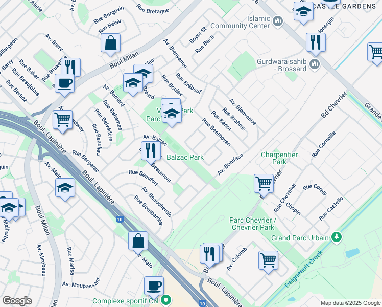map of restaurants, bars, coffee shops, grocery stores, and more near 3945 Avenue Balzac in Brossard