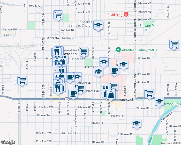 map of restaurants, bars, coffee shops, grocery stores, and more near 300-398 3rd Avenue Southeast in Aberdeen