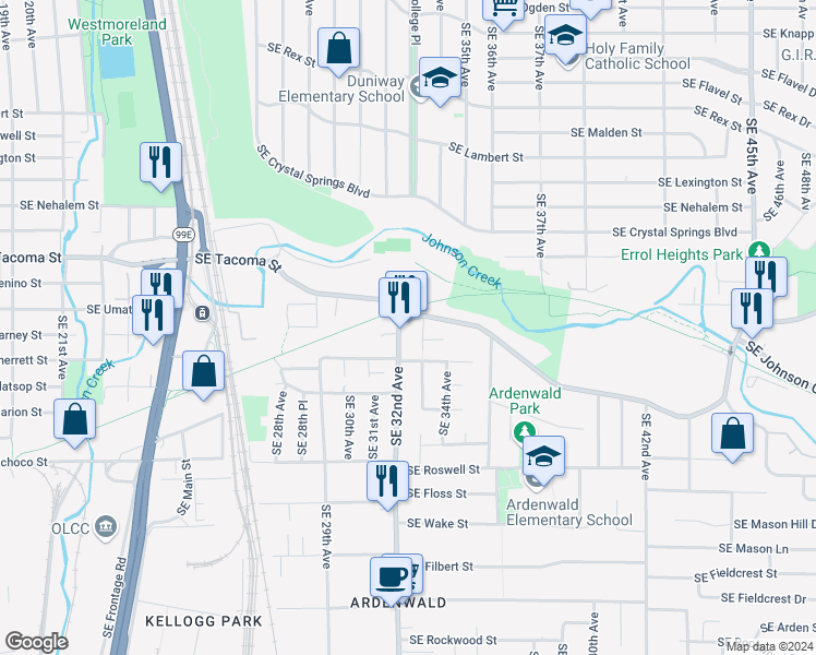 map of restaurants, bars, coffee shops, grocery stores, and more near 8414 Southeast 32nd Avenue in Portland