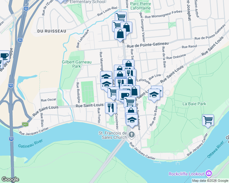 map of restaurants, bars, coffee shops, grocery stores, and more near Rue Cousineau in Gatineau