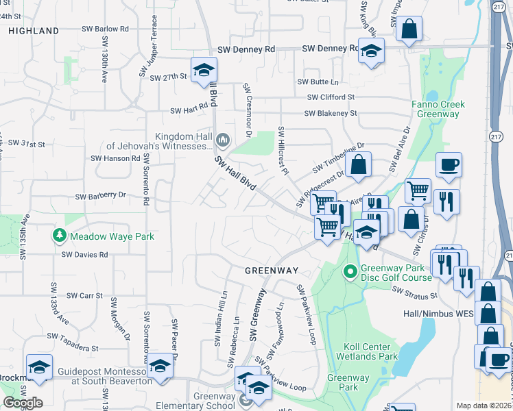 map of restaurants, bars, coffee shops, grocery stores, and more near 7905 Southwest Hall Boulevard in Beaverton