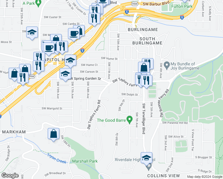 map of restaurants, bars, coffee shops, grocery stores, and more near 8632 Southwest 11th Avenue in Portland