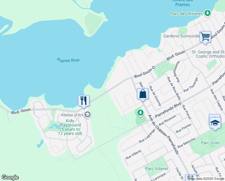 map of restaurants, bars, coffee shops, grocery stores, and more near 18494 Boulevard Gouin Ouest in Montréal