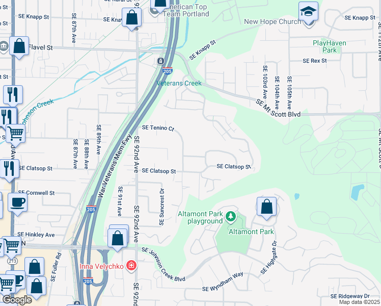 map of restaurants, bars, coffee shops, grocery stores, and more near 9638 Southeast Crystal View Drive in Portland
