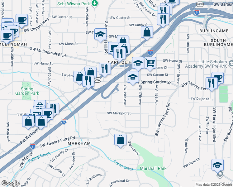 map of restaurants, bars, coffee shops, grocery stores, and more near 8626 Southwest 20th Avenue in Portland