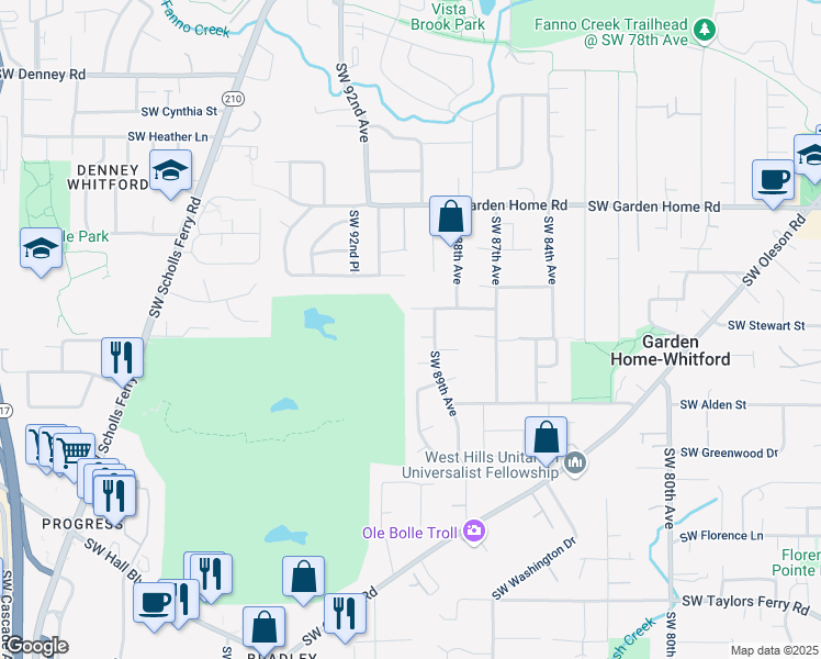 map of restaurants, bars, coffee shops, grocery stores, and more near 8940 Southwest Crystal Street in Portland