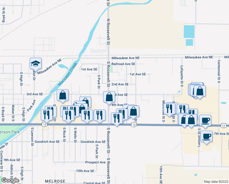 map of restaurants, bars, coffee shops, grocery stores, and more near 2510 3rd Avenue Southeast in Aberdeen