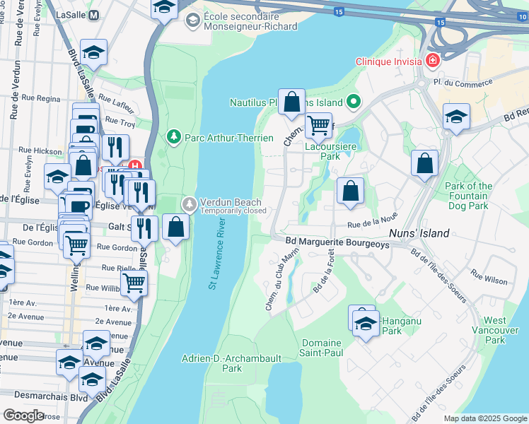 map of restaurants, bars, coffee shops, grocery stores, and more near 1200 Chemin du Golf in Montréal
