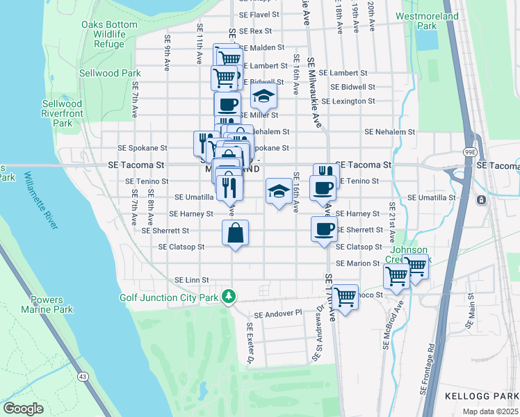 map of restaurants, bars, coffee shops, grocery stores, and more near 1439 Southeast Harney Street in Portland