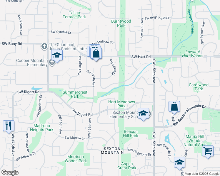 map of restaurants, bars, coffee shops, grocery stores, and more near 16062 Southwest Bridle Hills Drive in Beaverton