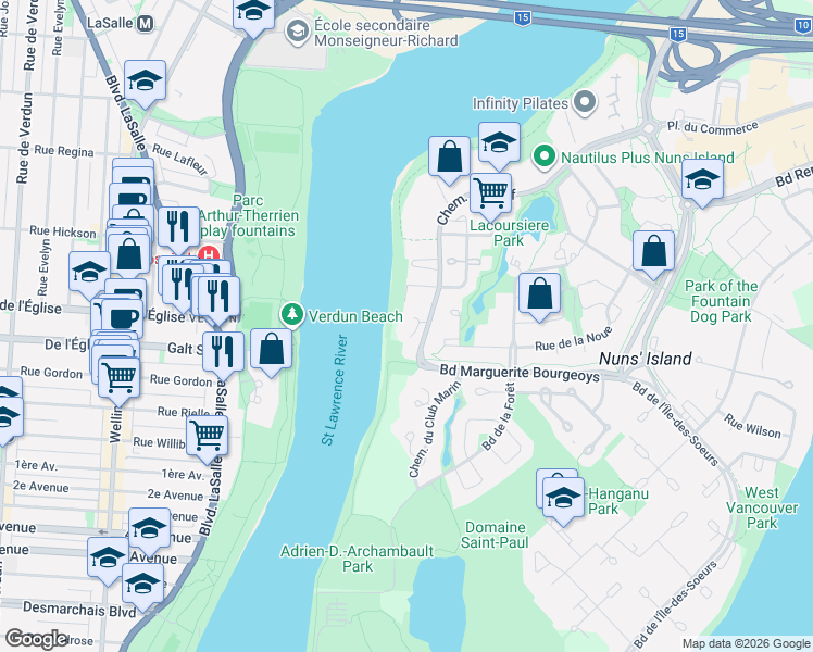 map of restaurants, bars, coffee shops, grocery stores, and more near 1200 Chemin du Golf in Montréal