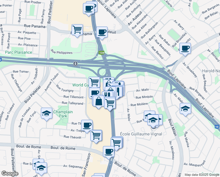 map of restaurants, bars, coffee shops, grocery stores, and more near 7250 Taschereau Boulevard in Brossard