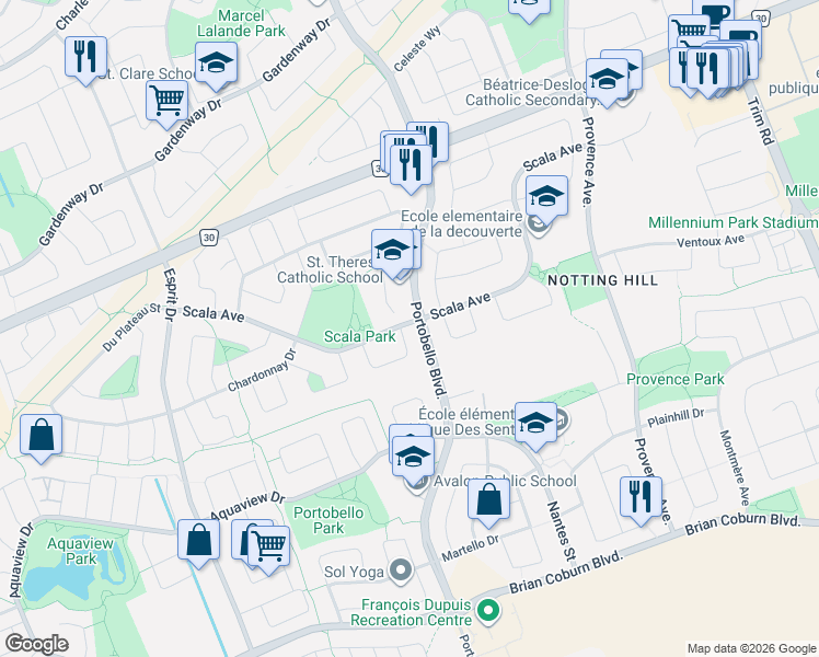 map of restaurants, bars, coffee shops, grocery stores, and more near 2100 Melette Crescent in Ottawa
