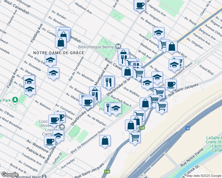 map of restaurants, bars, coffee shops, grocery stores, and more near 6695 Rue Sherbrooke Ouest in Montréal