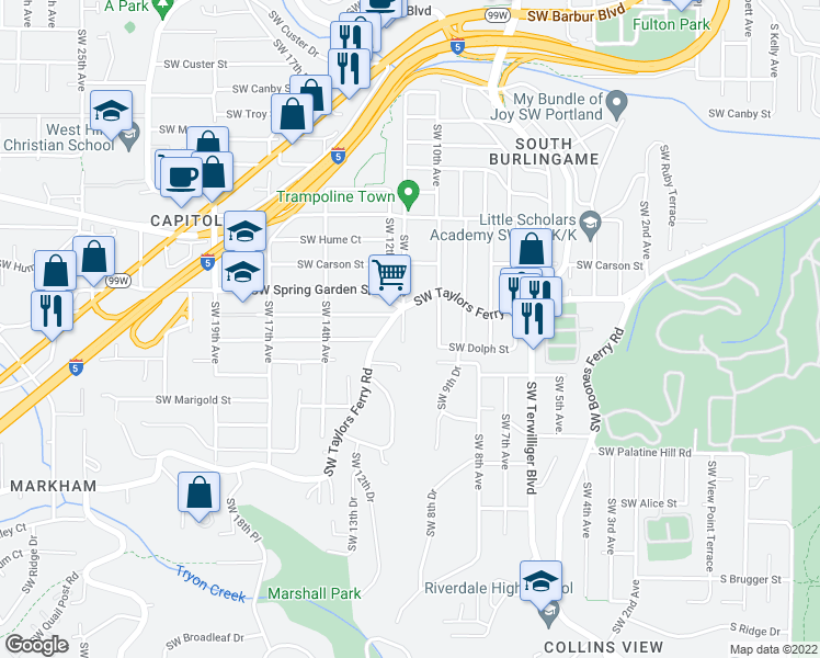 map of restaurants, bars, coffee shops, grocery stores, and more near 8630 Southwest 11th Avenue in Portland