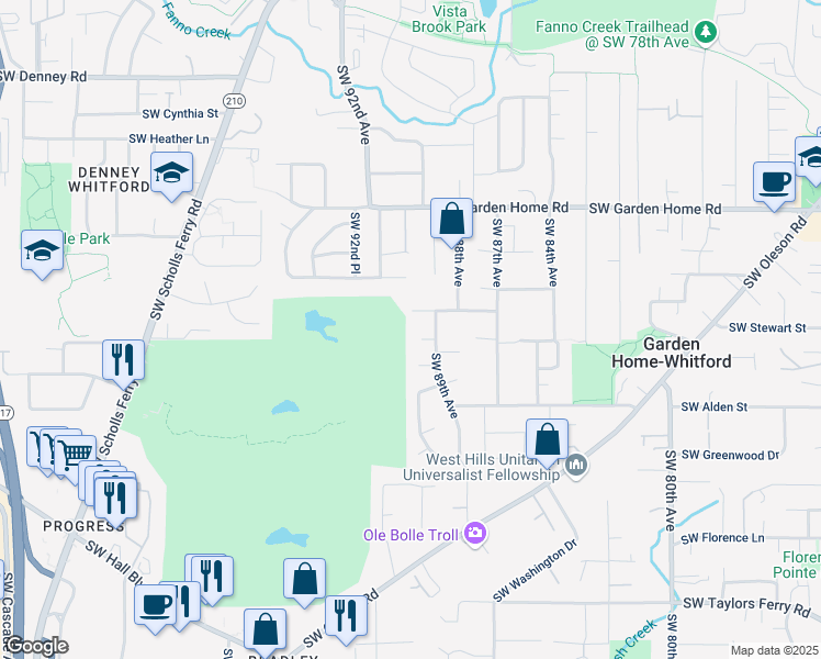 map of restaurants, bars, coffee shops, grocery stores, and more near 8940 Southwest Crystal Street in Portland