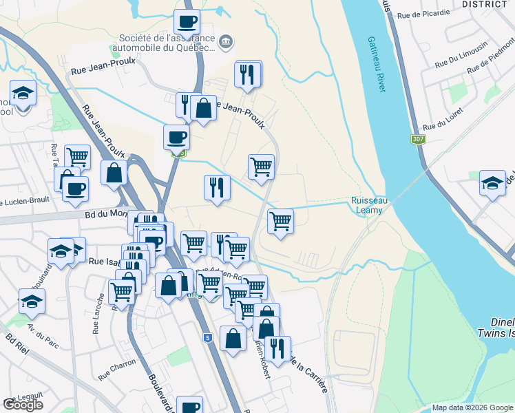 map of restaurants, bars, coffee shops, grocery stores, and more near 165 Rue Jean-Proulx in Gatineau