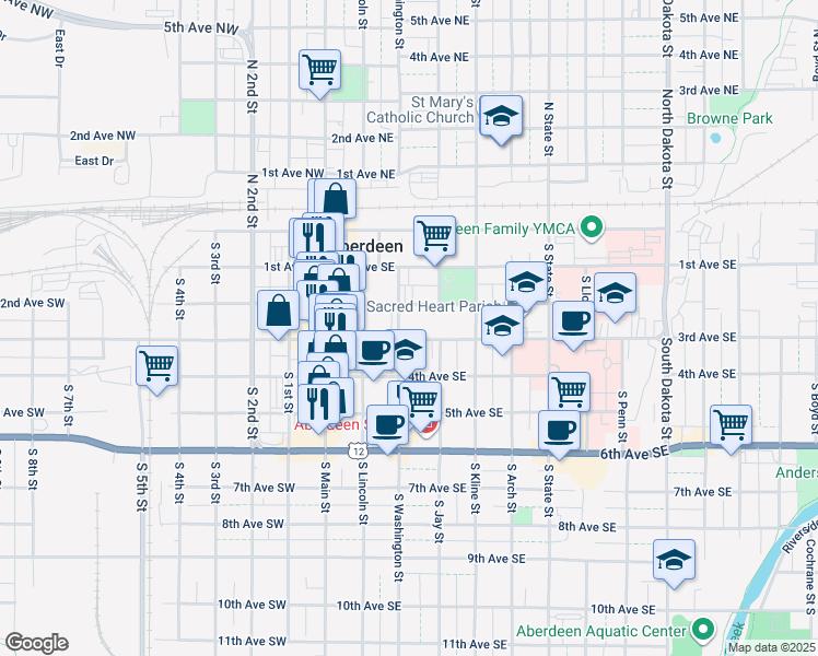 map of restaurants, bars, coffee shops, grocery stores, and more near 225 3rd Avenue Southeast in Aberdeen