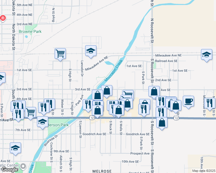 map of restaurants, bars, coffee shops, grocery stores, and more near 1801 3rd Avenue Southeast in Aberdeen