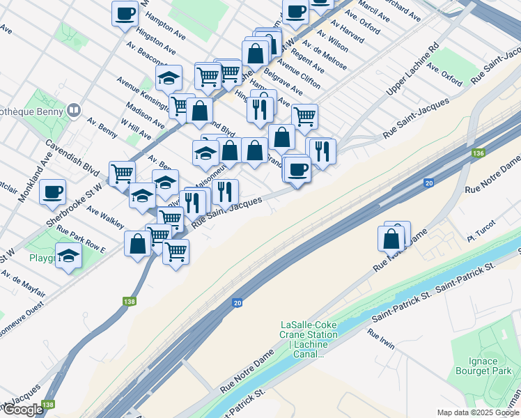 map of restaurants, bars, coffee shops, grocery stores, and more near in Montreal