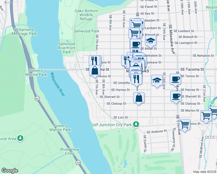 map of restaurants, bars, coffee shops, grocery stores, and more near 8317 Southeast 9th Avenue in Portland