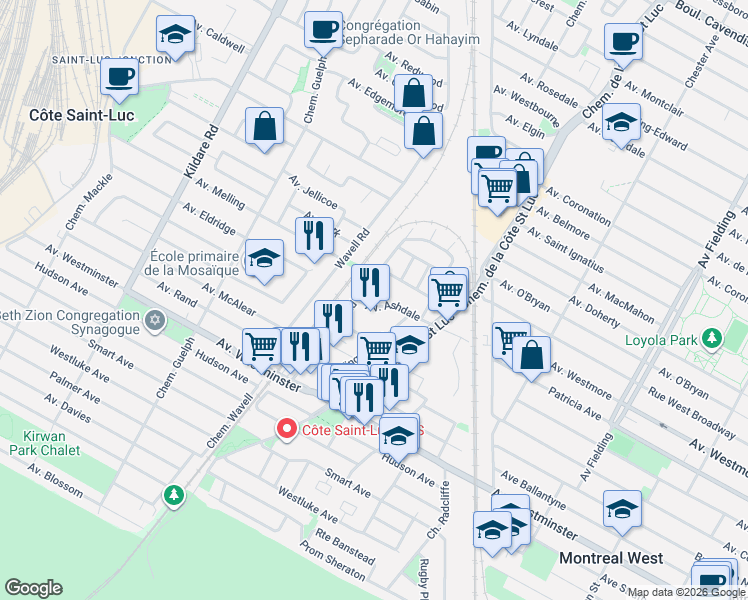 map of restaurants, bars, coffee shops, grocery stores, and more near 5573 Avenue Ashdale in Côte Saint-Luc