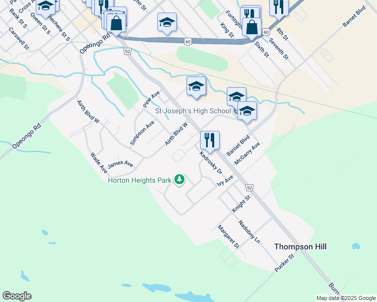 map of restaurants, bars, coffee shops, grocery stores, and more near Haramis Drive in Renfrew